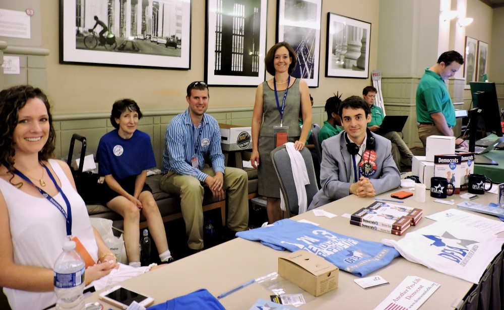 Executive director Kristen Day of the Democrats for Life of America, center, stands with other members of the pro-life organization during an event the group held in Philadelphia in July 2016.