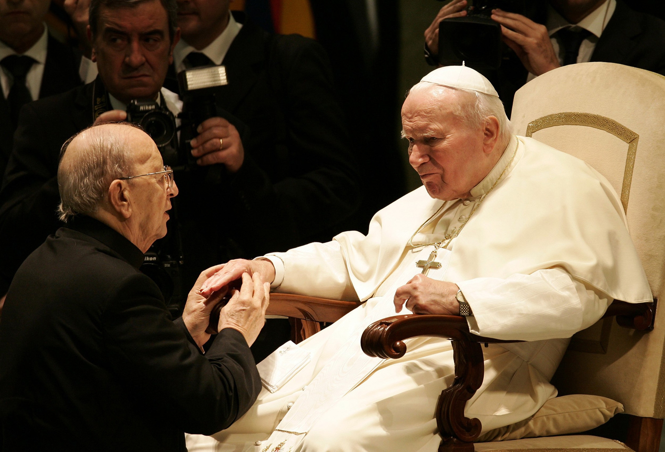 Pope John Paul II blesses Fr. Marcial Maciel Degollado, founder of the Legionaries of Christ, at the Vatican in this 2004 file photo. Maciel was removed from active ministry by Pope Benedict XVI over sexual abuse accusations dating to the 1950s. (CNS/Reut