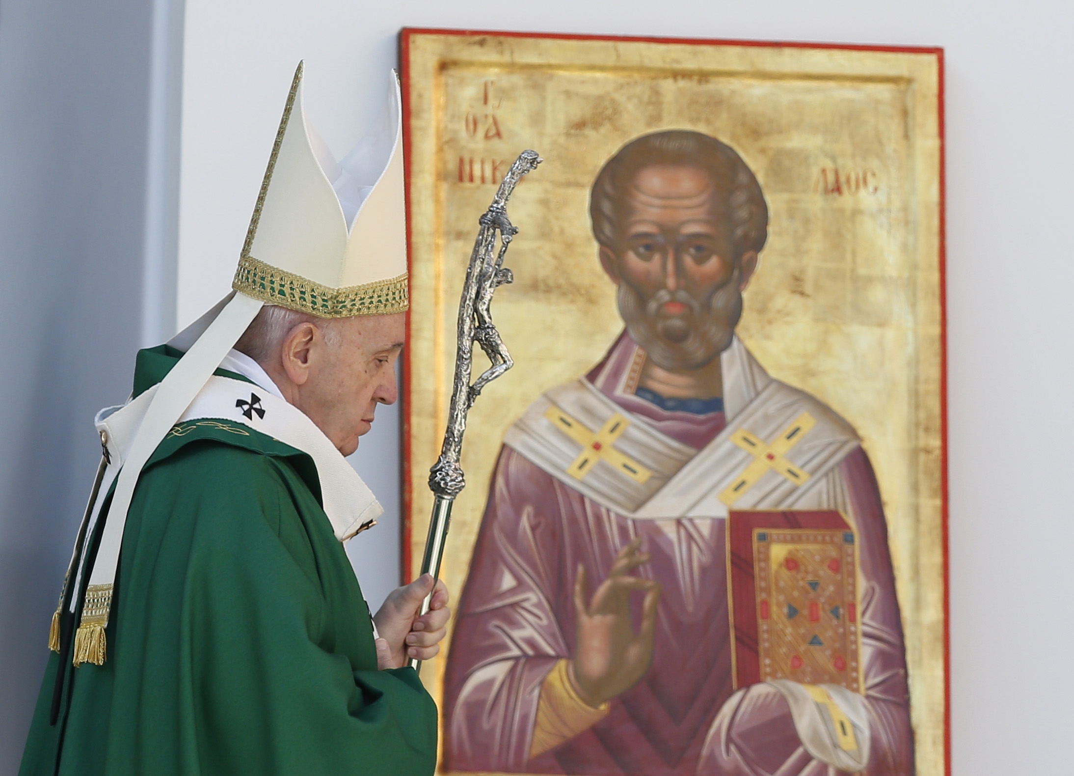 Pope Francis passes an image of St. Nicholas after celebrating Mass in Bari, Italy, Feb. 23, 2020. (CNS photo/Paul Haring) 