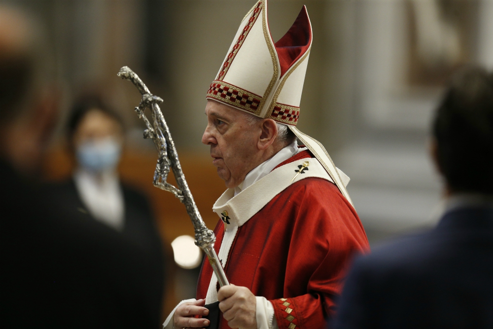 Pope Francis arrives to celebrate Mass marking the feast of Sts. Peter and Paul in St. Peter's Basilica at the Vatican June 29. (CNS/Paul Haring)