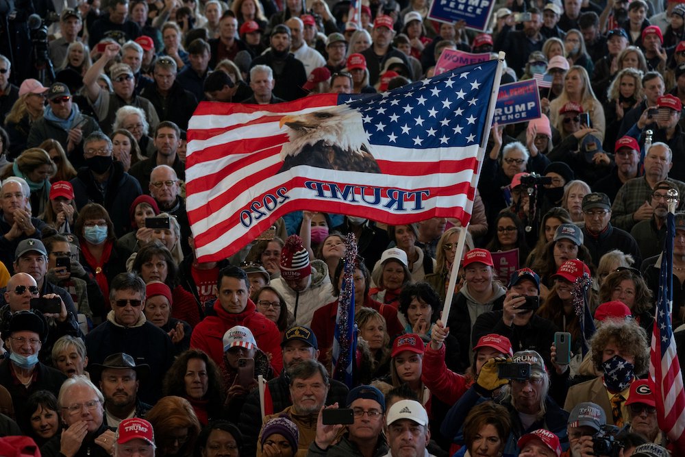 President Donald Trump's supporters in Alpharetta, Georgia, attend a Dec. 2 news conference about election results. (CNS/Reuters/Elijah Nouvelage)