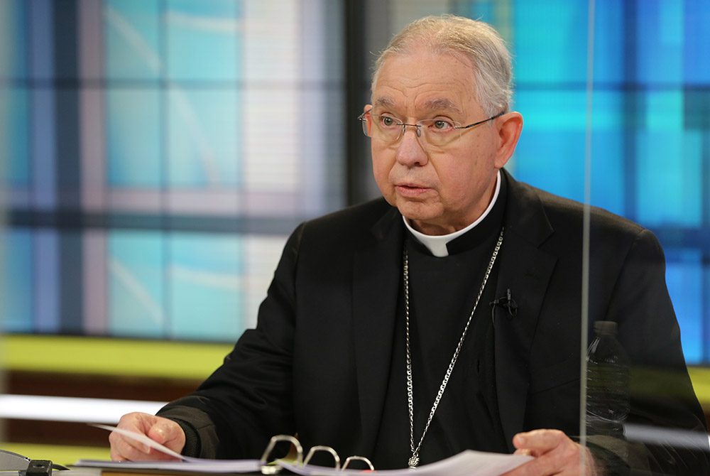 Archbishop José Gomez of Los Angeles, president of the U.S. Conference of Catholic Bishops, speaks Nov. 16, 2020, at the bishops' conference headquarters in Washington during the bishops' virtual fall meeting. (CNS/Bob Roller)