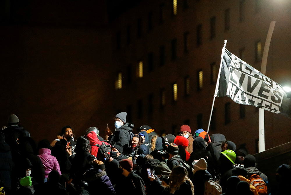 People in Rochester, New York, react Feb. 23, after a New York grand jury voted not to indict police officers in Daniel Prude's death. Prude, a Black man, died after police put a spit hood over his head during an arrest March 23, 2020. (CNS/Lindsay DeDari