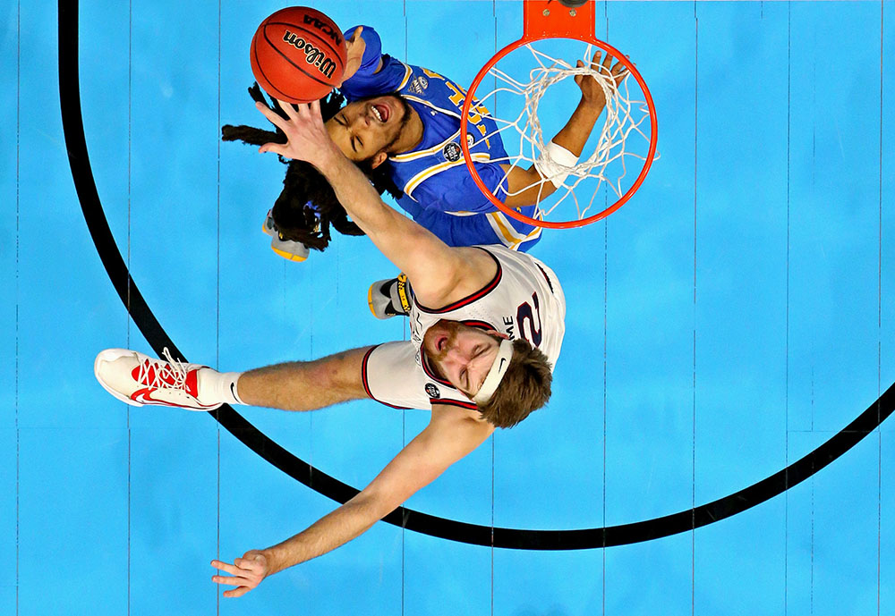 UCLA Bruins guard Tyger Campbell shoots the ball against Gonzaga Bulldogs forward Drew Timme during the second half in the national semifinals of the Final Four of the 2021 NCAA Tournament at Lucas Oil Stadium in Indianapolis April 3, 2021. (CNS)