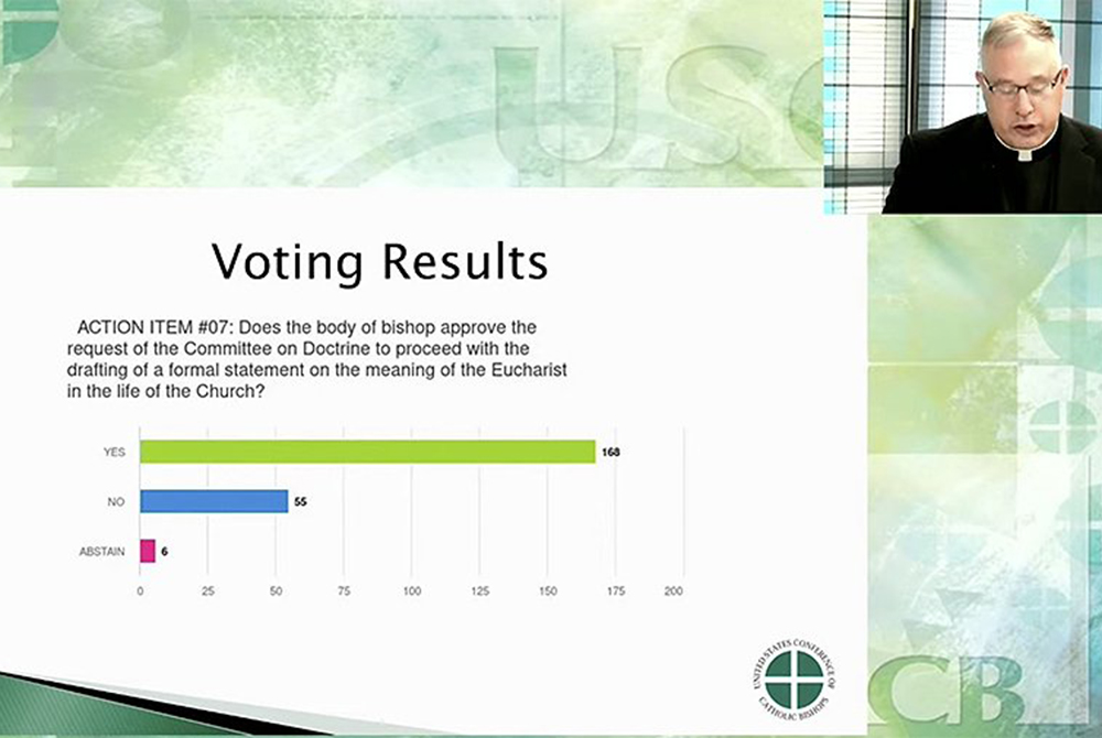 Msgr. Jeffrey D. Burrill, general secretary of the U.S. Conference of Catholic Bishops, reads voting results June 18, on a proposal that the U.S. Conference of Catholic Bishops' doctrine committee draft a formal statement on "the meaning of the Eucharist 
