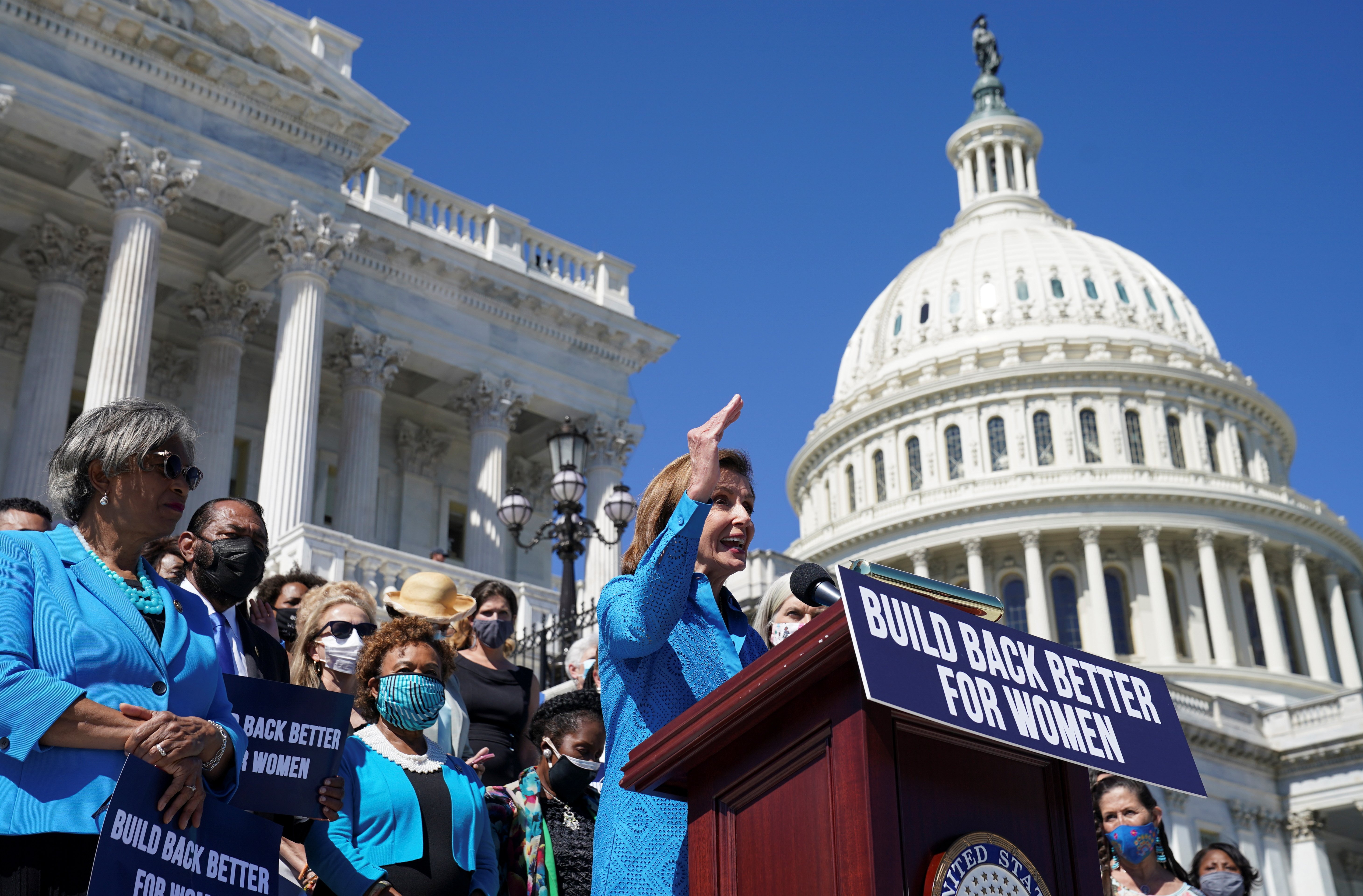 House Speaker Nancy Pelosi, D-Calif., holds a news conference at the U.S. Capitol in Washington Sept. 24, 2021, about the benefits for women in President Joe Biden's "Build Back Better" plan. (CNS photo/Kevin Lamarque, Reuters)