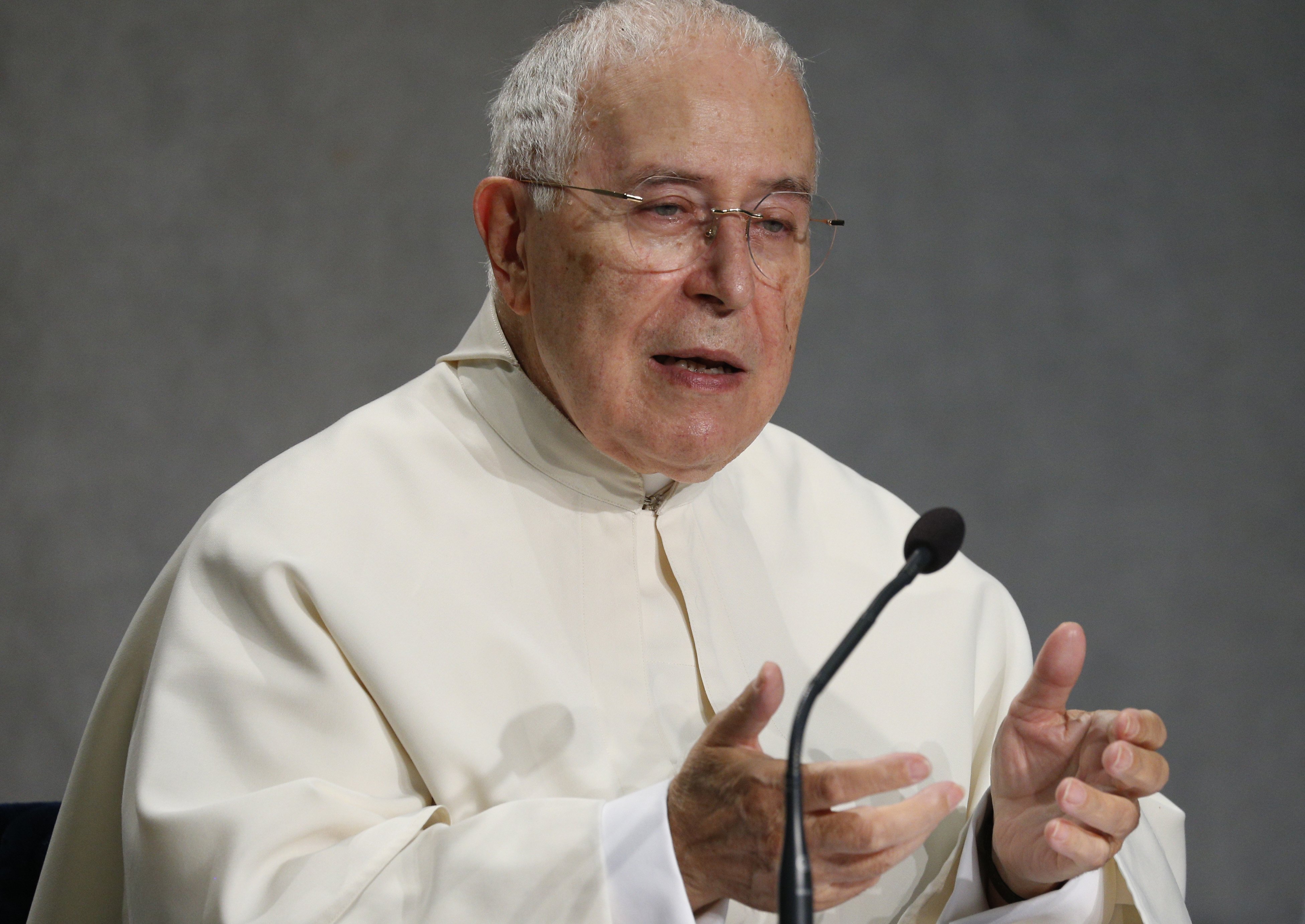 Norbertine Father P. Bernard Ardura, president of the Pontifical Committee for Historical Sciences, speaks during a news conference at the Vatican Oct. 26, 2021. (CNS photo/Paul Haring)