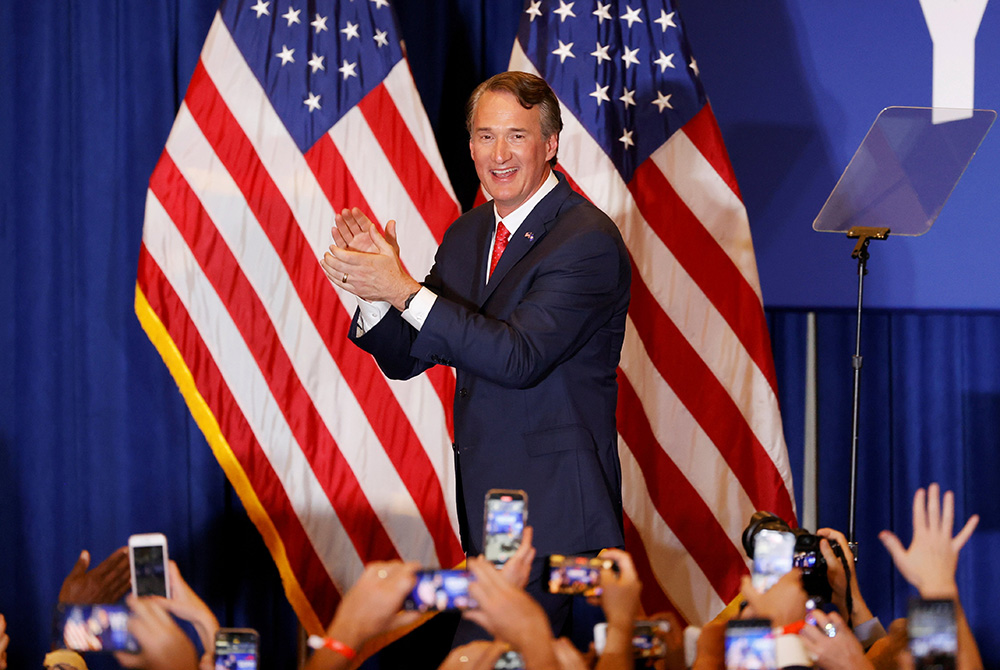 Republican Glenn Youngkin addresses the crowd celebrating his election in Chantilly, Virginia, early Nov. 3. He defeated Democrat Terry McAuliffe in the governor's race. (CNS/Reuters/Jonathan Ernst)