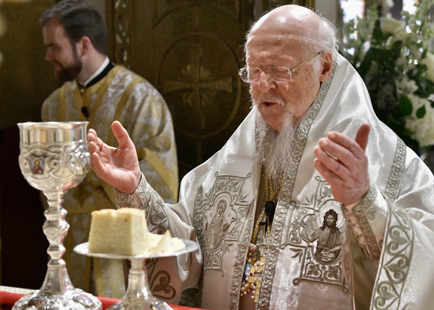 Ecumenical Patriarch Bartholomew of Constantinople celebrates the Patriarch Divine Liturgy at the Archdiocesan Cathedral of the Holy Trinity in New York City Oct. 31, 2021. (CNS photo/D. Panagos, courtesy Greek Orthodox Archdiocese)