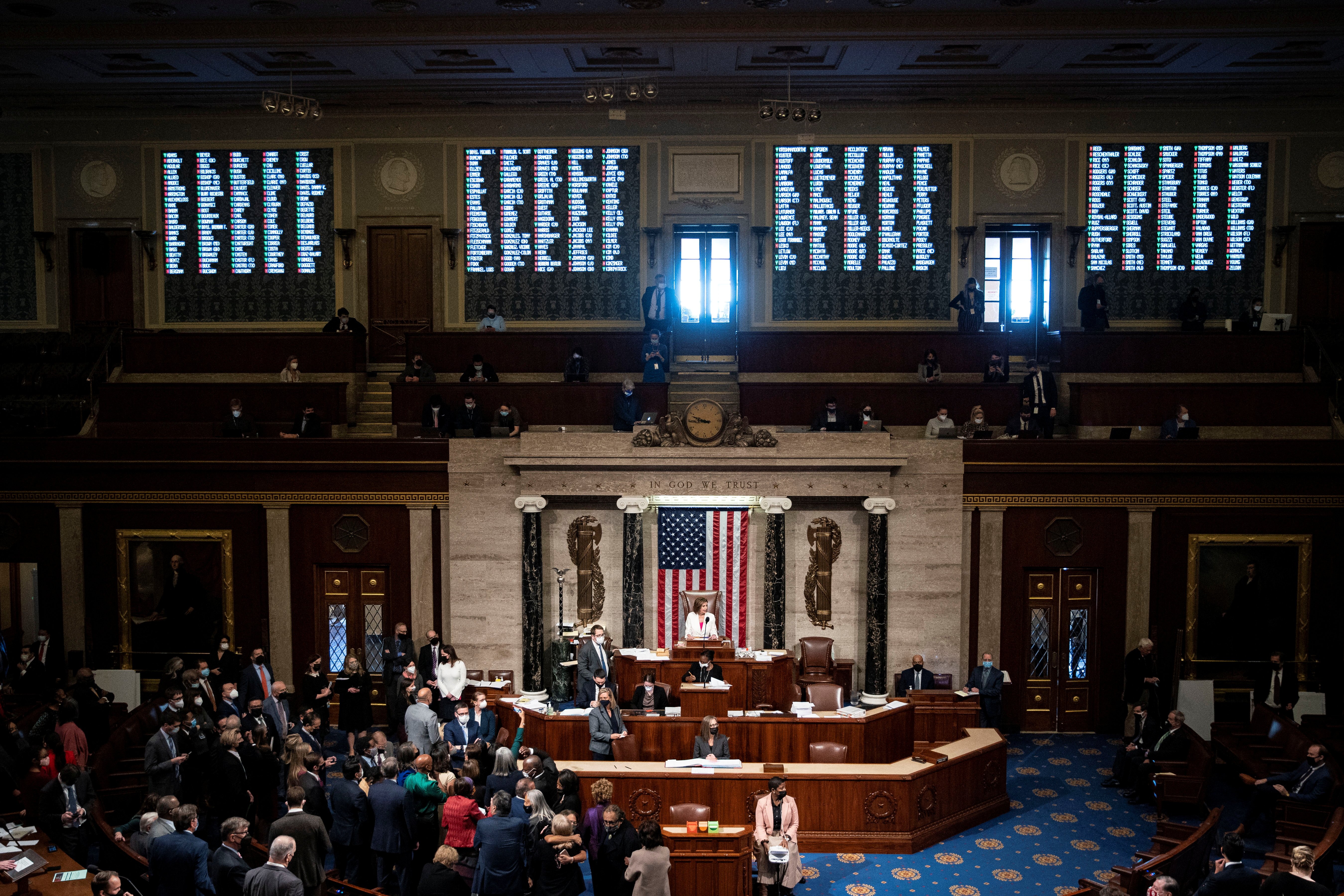 U.S. Speaker of the House Nancy Pelosi, D-Calif., presides over the House floor on Capitol Hill in Washington Nov. 19, 2021, as the Build Back Better Act passes and moves on to the Senate. (CNS photo/Al Drago, Reuters)