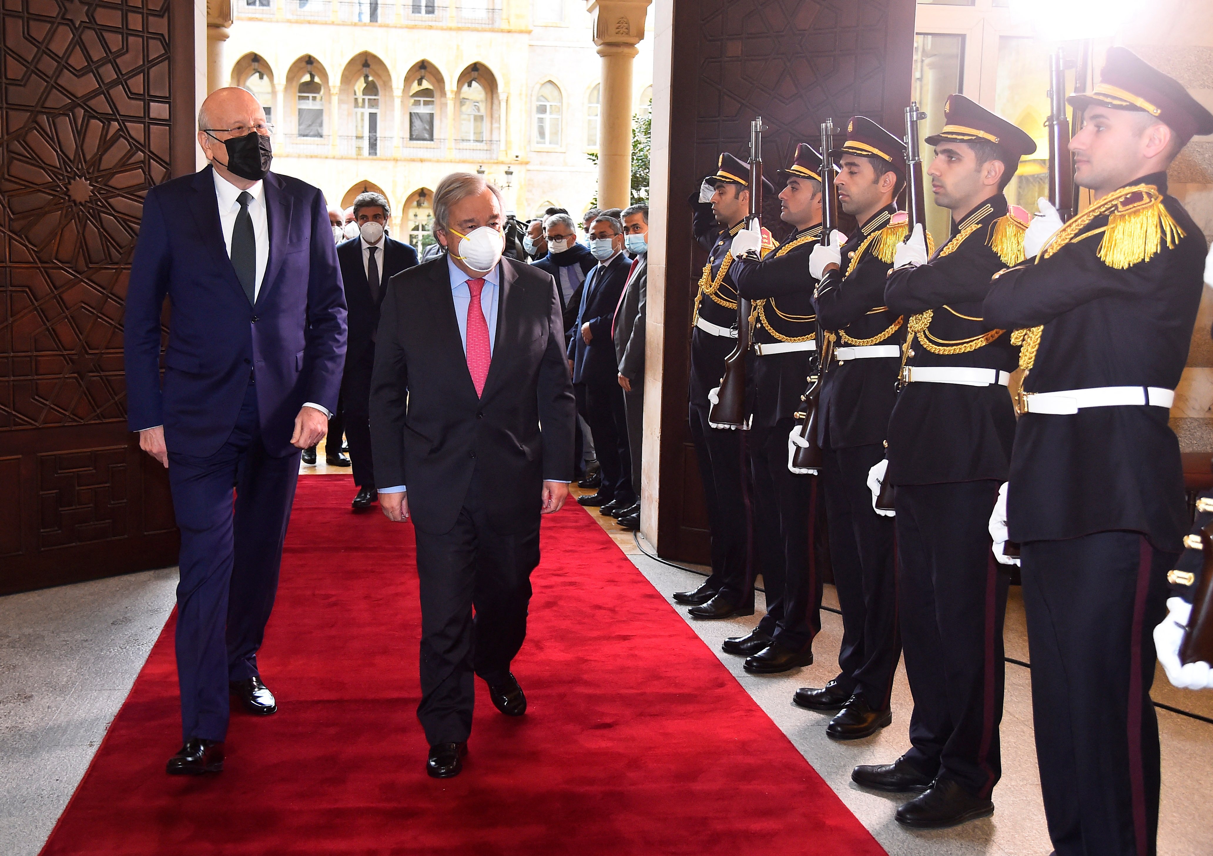 United Nations Secretary-General Antonio Guterres reviews an honor guard as he meets with Lebanon's Prime Minister Najib Mikati in Beirut Dec. 20, 2021. (CNS photo/Dalati Nohra handout via Reuters) 