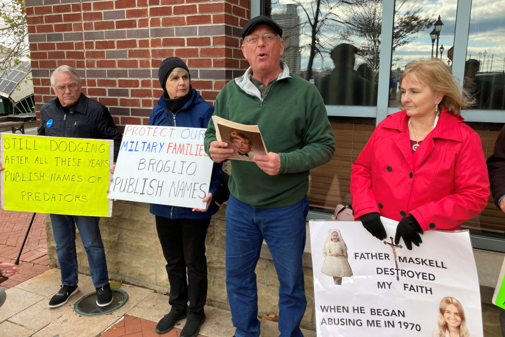 David Lorenz, Maryland director for the Survivors Network of those Abused by Priests, speaks at a sidewalk news conference outside the U.S. Conference of Catholic Bishops gathering in Baltimore on Wednesday, Nov. 16, 2022. (AP Photo/Peter Smith)