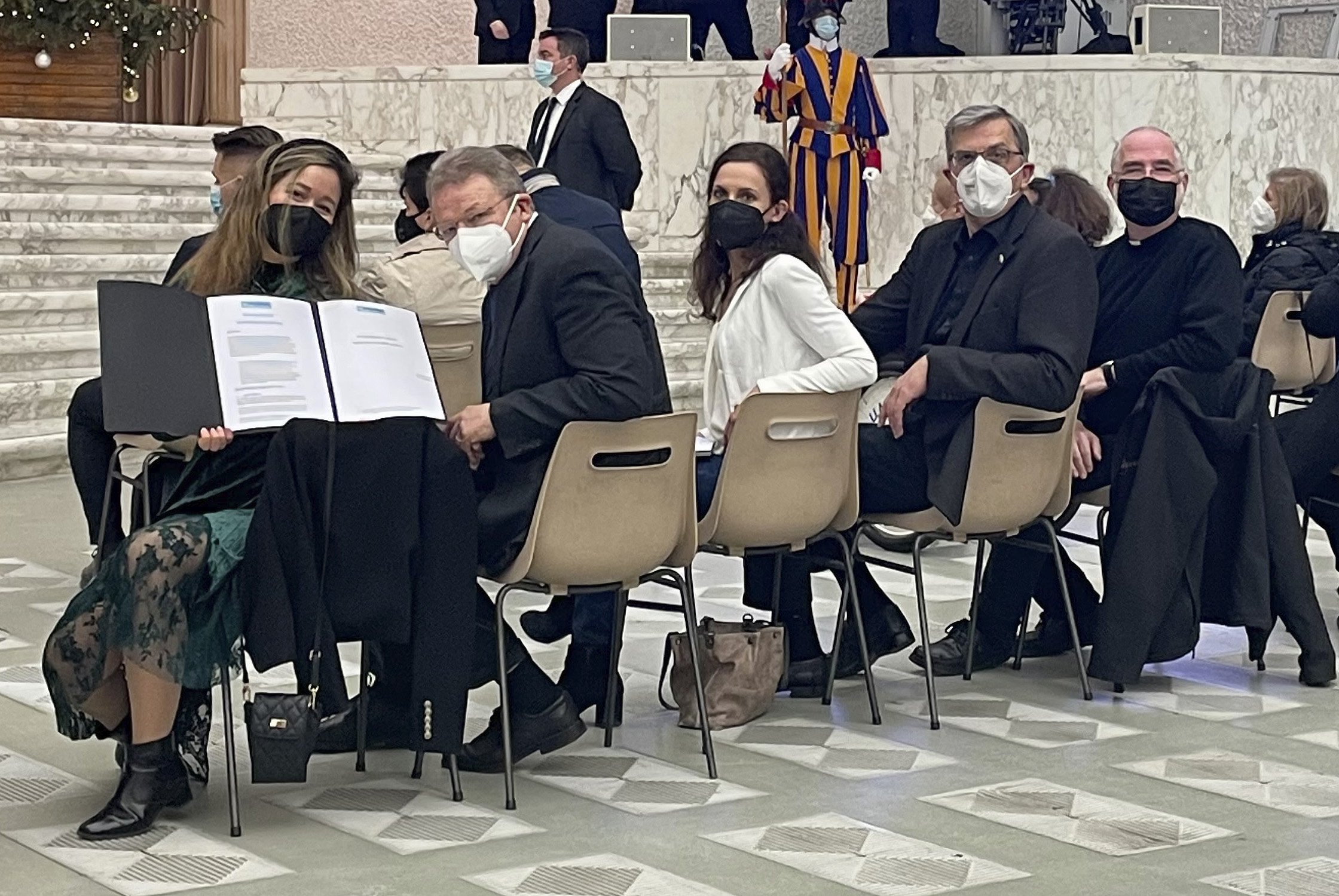 A group of pilgrims who presented a "Faith Manifesto" to Pope Francis are pictured during the pope's general audience at the Vatican Jan. 5, 2022. (CNS photo/courtesy Initiative Neuer Anfang)