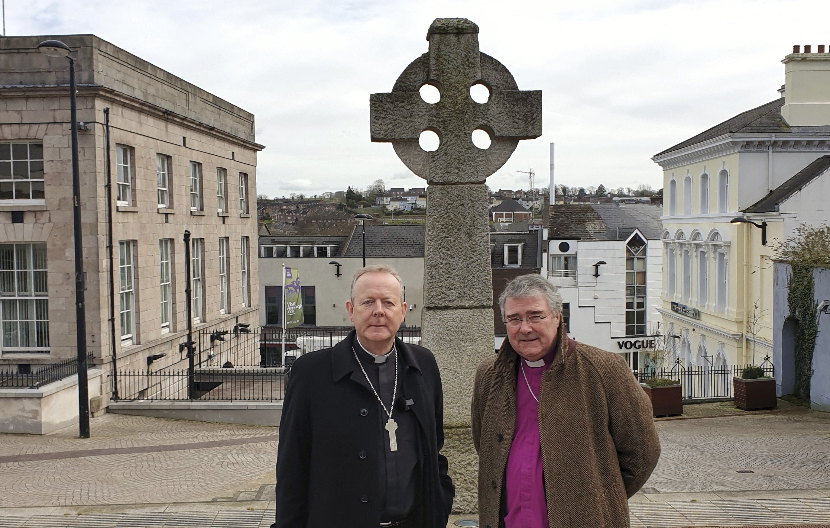 Archbishop Eamon Martin of Armagh, Northern Ireland, and Anglican Archbishop John McDowell of Armagh are pictured in Market Place Square in Armagh March 16, 2022. (CNS photo/Sarah Mac Donald)