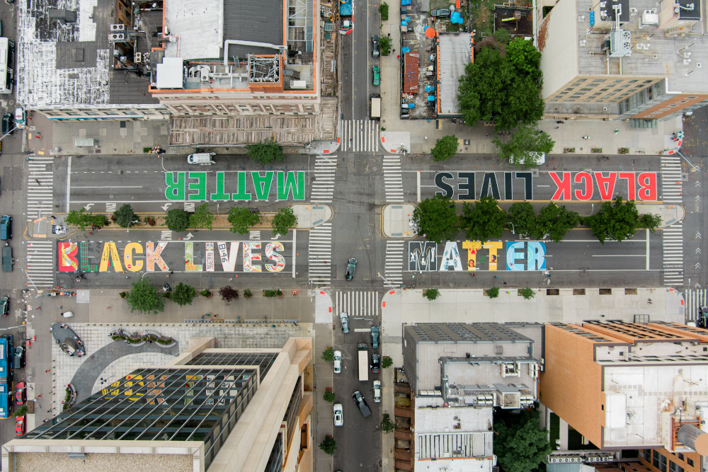 An aerial view of a "Black Lives Matter" mural is seen in the Harlem neighborhood of New York City July 7, 2020. (CNS/Reuters/Alon Sicherman)