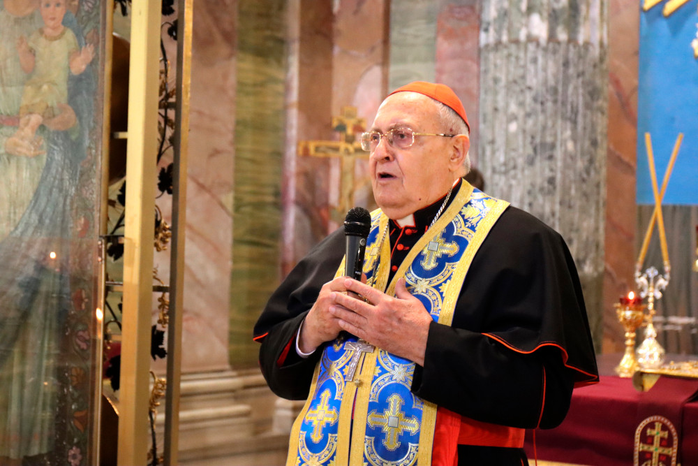 Cardinal Leonardo Sandri, prefect of the Congregation for Eastern Churches, prays for peace in Ukraine during a prayer service in Rome March 2, 2022. (CNS/Rostyslav Hadada, Ukrainian Catholic Excharate of Italy)