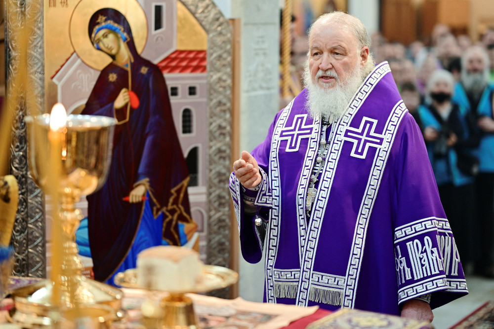 Russian Orthodox Patriarch Kirill of Moscow leads a cathedral consecration service in Moscow April 10, 2022. (CNS/Patriarchal Press Service handout via Reuters/Oleg Varaov)