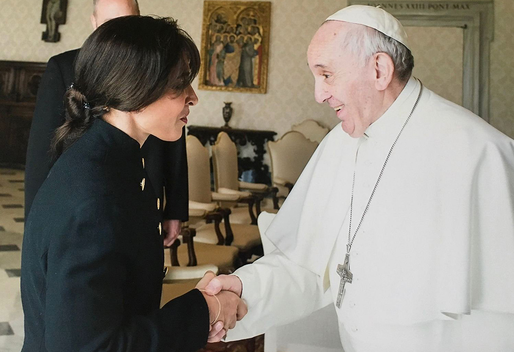 Pope Francis meets Argentine theologian Emilce Cuda at the Vatican in this March 17, 2017, file photo. (CNS/Vatican Media)