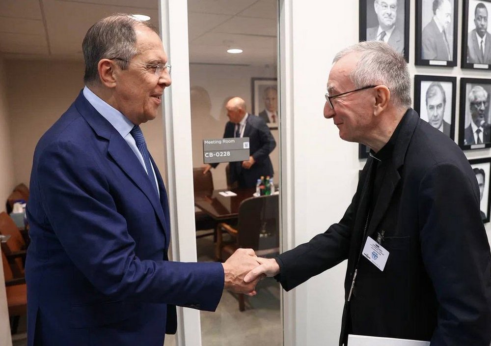 Cardinal Pietro Parolin, Vatican secretary of state, greets Russian Foreign Minister Sergey Lavrov on the sidelines of a United Nations meeting in New York City Sept. 22, 2022.