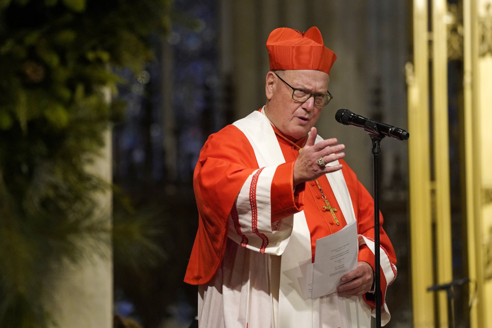 A cardinal stands in front of a microphone in a dimly lit space