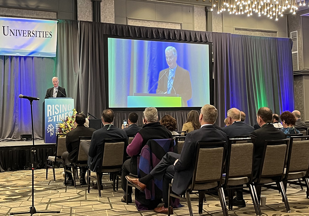 Bishop Paul Tighe, a secretary at the Vatican's Dicastery for Culture and Education, speaks to the meeting of the Association of Catholic Colleges and Universities in Washington on Feb. 6. (NCR photo/Joshua J. McElwee)