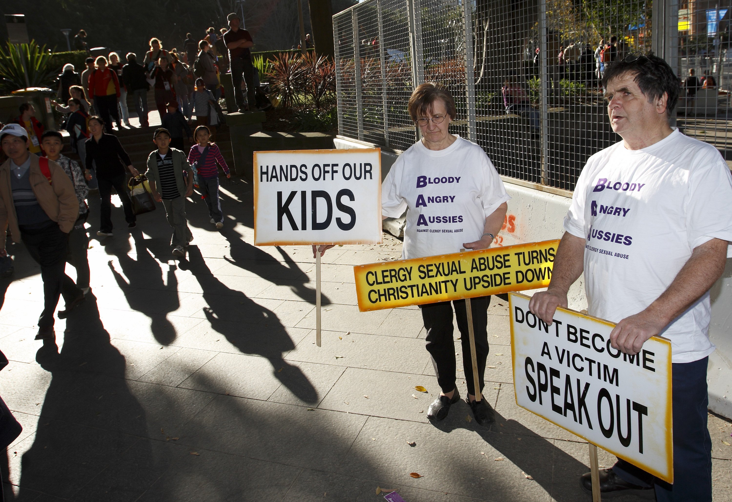 Australians protest clergy sexual abuse outside St. Mary's Cathedral in Sydney during Pope Benedict XVI's visit to celebrate World Youth Day in 2008. He met with the victims of abuse in Australia and in the U.S. that year. (CNS photo/Paul Haring)