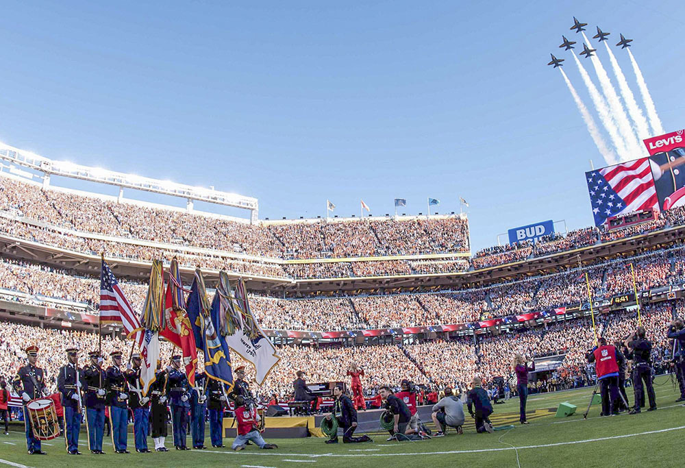 The Navy Blue Angels perform a flyover in the opening ceremonies of the Super Bowl at Levi's Stadium in Santa Clara, California, Feb. 7, 2016. (Wikimedia Commons/U.S. Department of Defense/Spc. Brandon C. Dyer)