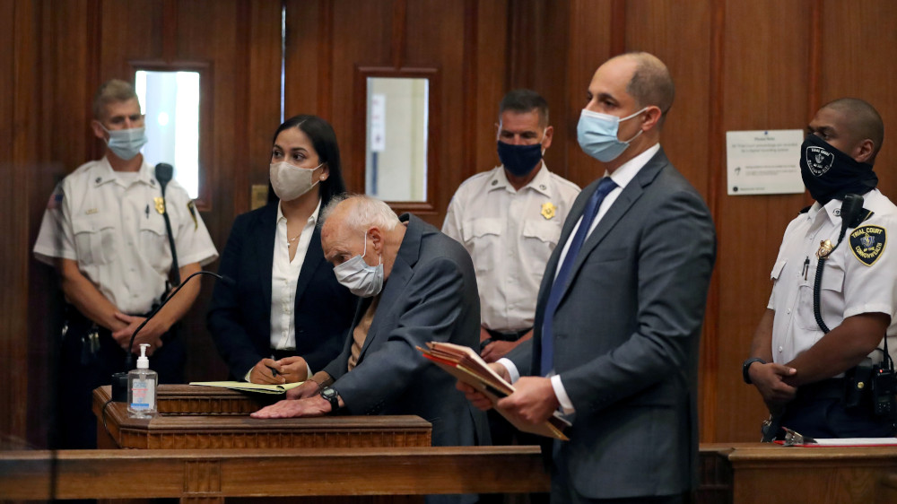 Former Cardinal Theodore McCarrick wears a mask during arraignment at Dedham District Court in Dedham, Mass., Sept. 3, 2021, after being charged with molesting a 16-year-old boy during a 1974 wedding reception. (OSV News photo/David L Ryan, Pool via Reuters)