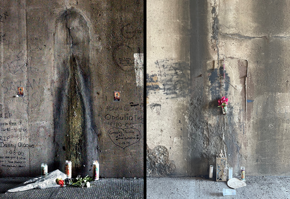 At left, an image said to resemble the Virgin Mary is pictured underneath the Kennedy Expressway in Chicago April 18, 2005; at right is a photo of the image that Gustavo Arellano took in June 2023. The image is known as Our Lady of the Underpass. (CNS photo/Karen Callaway; Gustavo Arellano)