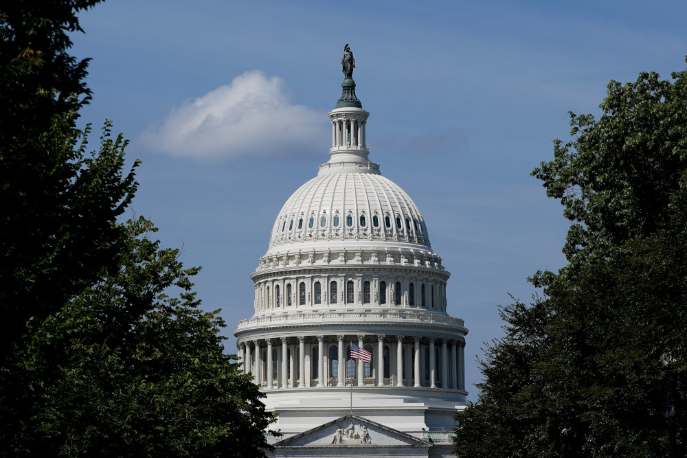 The dome and statue atop the U.S. Capitol building is visible between two trees