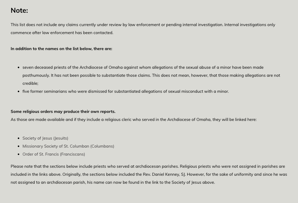 The "List of Substantiated Claims of Clergy Sexual Abuse of or Sexual Misconduct with a Minor" on the website of the Archdiocese of Omaha includes a note about Daniel Kenney. (NCR screenshot, report.archomaha.org) 