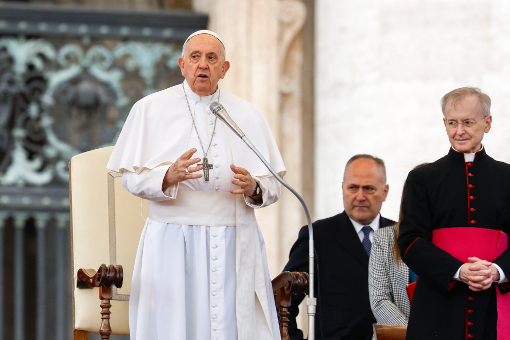 Pope Francis begins his weekly general audience in St. Peter's Square at the Vatican Oct. 25, 2023. (CNS photo/Lola Gomez)