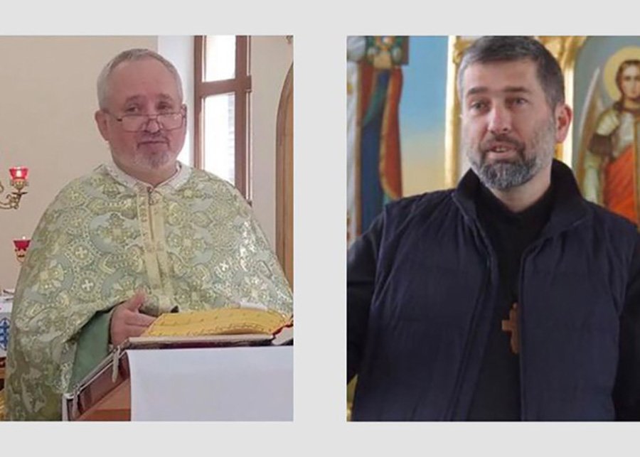 A photo on the right of an older man wearing glasses and golden vestments reading behind the lectern. On the right, a photo of a white man with black hair and a beard wearing black with a wooden pectoral cross visible.