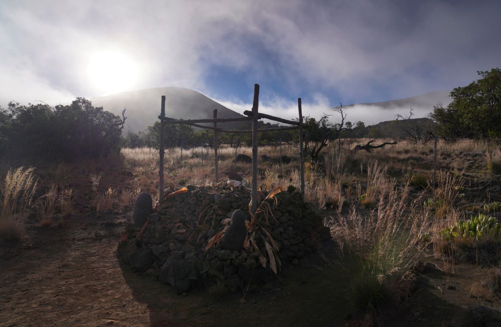 A ceremonial platform used by Native Hawaiian cultural practitioners called an "ahu," at 9,000 feet elevation on Mauna Kea in Hawaii on Saturday July, 15, 2023. Along the slopes of this sacred mountain are ceremonial platforms, ancestral burial sites, and an alpine lake whose waters are believed to have healing properties. (AP/Jessie Wardarski)