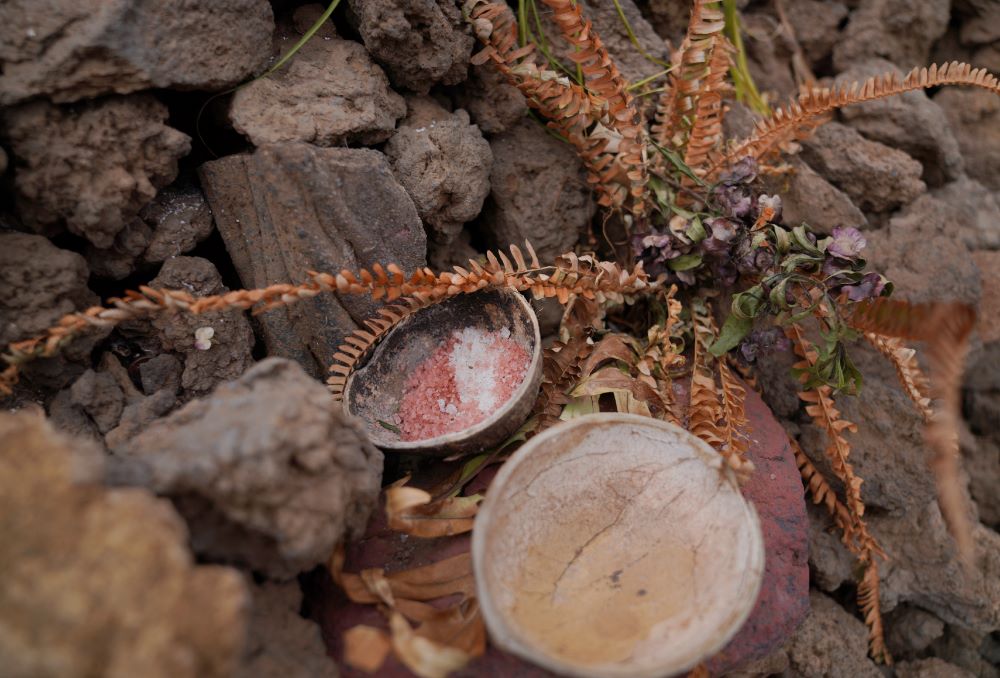 Offerings of sea salt, coconuts and plants adorn an "ahu," a ceremonial platforms, at 9,000 feet elevation on Mauna Kea in Hawaii on Saturday July, 15, 2023. Along the slopes of this sacred mountain are ceremonial platforms, ancestral burial sites, and an alpine lake whose waters are believed to have healing properties. (AP/Jessie Wardarski)