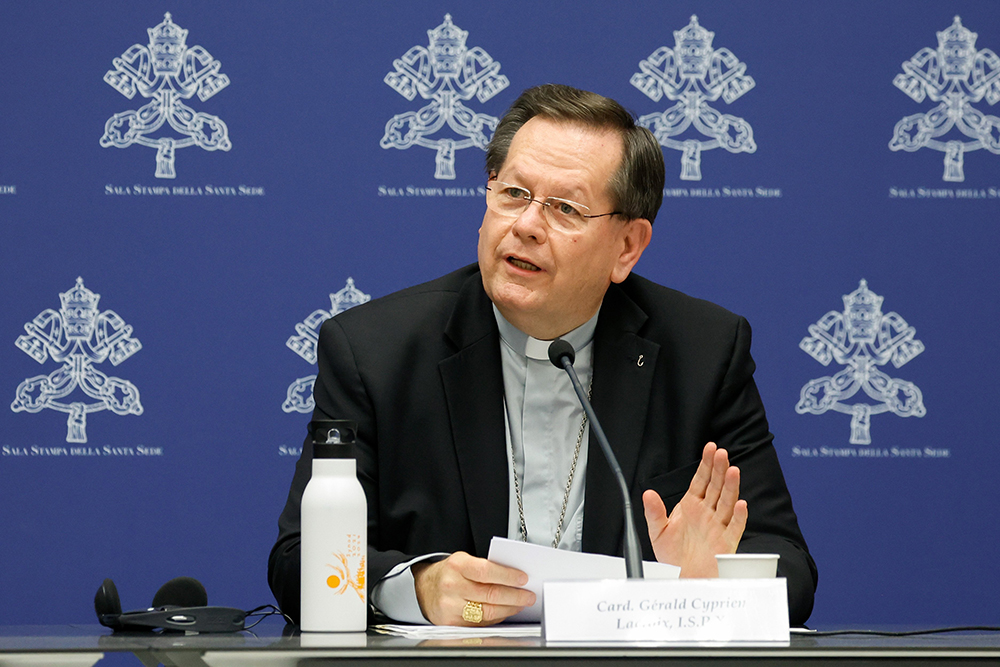 Canadian Cardinal Gérald Lacroix of Québec speaks during an Oct. 11, 2023, briefing about the assembly of the Synod of Bishops at the Vatican. (CNS/Lola Gomez)