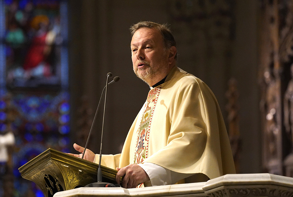 Msgr. Kieran Harrington, then national director of the Pontifical Mission Societies USA, delivers the homily during the St. Patrick's Day Mass March 17, 2023, at St. Patrick's Cathedral in New York City. The Diocese of Brooklyn, New York, announced Feb. 13, 2024, that Harrington resigned his post as national director after an allegation against him of "inappropriate conduct with an adult" was substantiated. (OSV News/Gregory A. Shemitz)