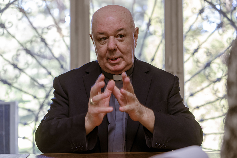 Prefect of the Archivio Apostolico Vaticano, Bishop Sergio Pagano speaks in his office at the Vatican Feb. 14, 2024, during an interview with The Associated Press. (AP/Domenico Stinellis)