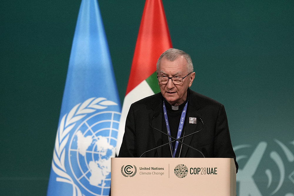 Vatican secretary of state, Cardinal Pietro Parolin, speaks during a plenary session at the COP28 U.N. Climate Summit Dec. 2, 2023, in Dubai, United Arab Emirates. Israel has formally complained after the Vatican No. 2 spoke of the “carnage” in Gaza and what he termed a disproportionate Israeli military operation following the Oct. 7 Hamas attacks. (AP/Rafiq Maqbool, File)