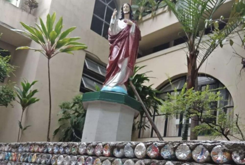 Plastic bottles stuffed with plastic, called "ecobricks," are visible everywhere at the seminary campus of the Missionaries of Sacred Heart, in Manila, Philippines.