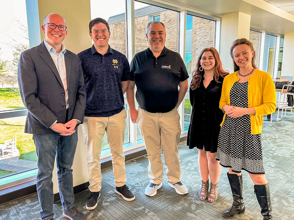 Participants on the April 9 panel "Urban Food Waste: Environmental, Social and Spiritual Dimensions" at St. Mary's College in Notre Dame, Indiana, included (from left): Franciscan Fr. Daniel Horan, Karim Tinoco, Jim Conklin, Abbie Kawalec and Sally Geislar. (Courtesy of St. Mary's College)