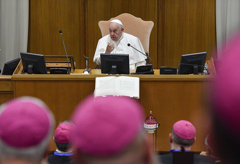 Pope Francis speaks to Italian bishops in the Vatican synod hall during the general assembly of the Italian bishops' conference May 20. (CNS/Vatican Media)