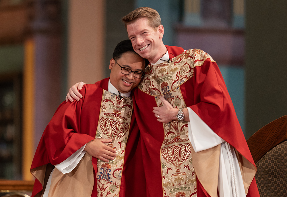 Paulists Fr. Chris Lawton and Fr. Dan Macalinao are pictured at the end of their first Mass together on May 19. (Courtesy of Zachera Wollenberg)