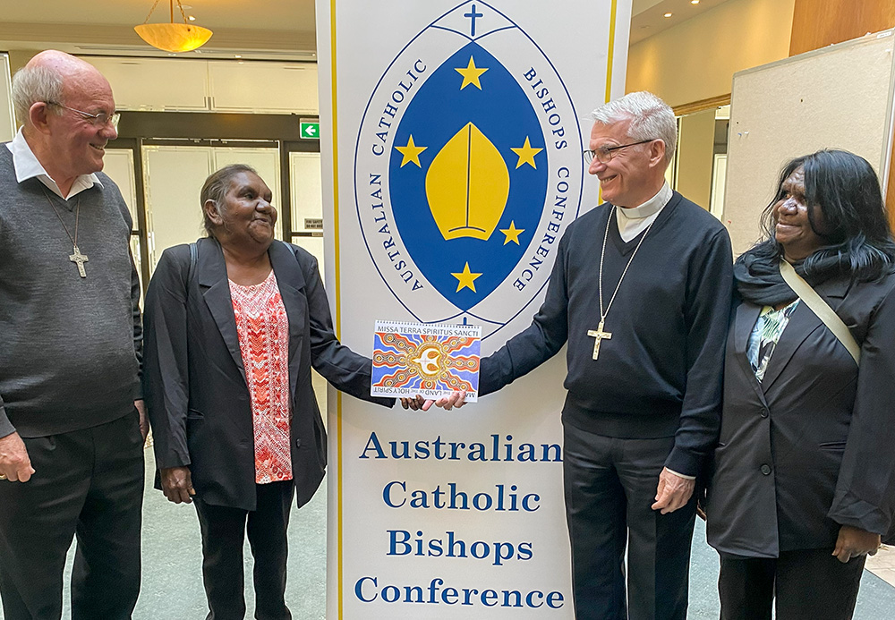 From left: Bishop Michael Morrissey, apostolic administrator of the Broome Diocese; Aboriginal elder Madeleine Jadai; Perth Archbishop Timothy Costelloe, president of the Australia Catholic Bishops Conference; and Aboriginal elder Maureen Yanawana, in Sydney for the presentation of the Mass of the Land of the Holy Spirit on May 7 (Courtesy of Australian Catholic Bishops Conference/Paul Osborne)