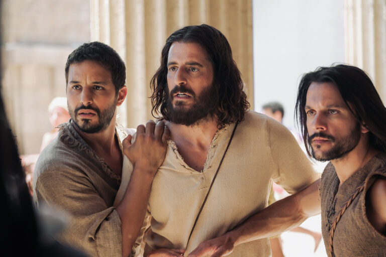 Actor Jonathan Roumie, center, portrays Jesus Christ in Season Four of the series “The Chosen.”