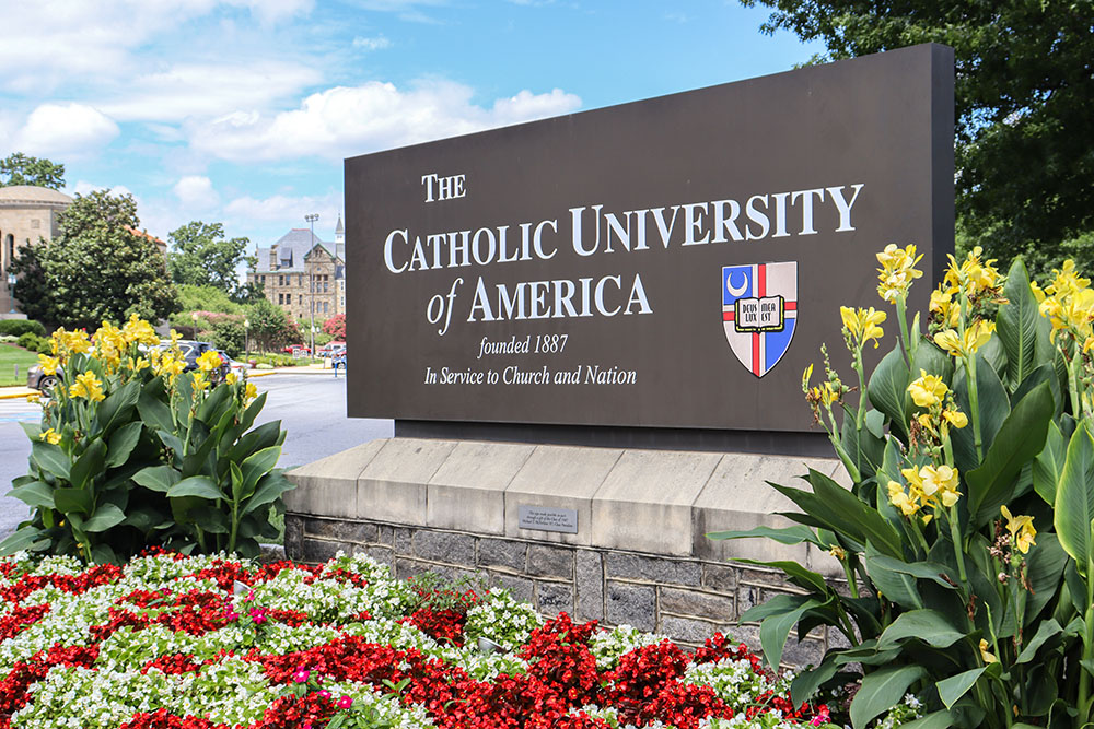 A sign on the campus of the Catholic University of America in Washington, D.C. (NCR photo/Teresa Malcolm)