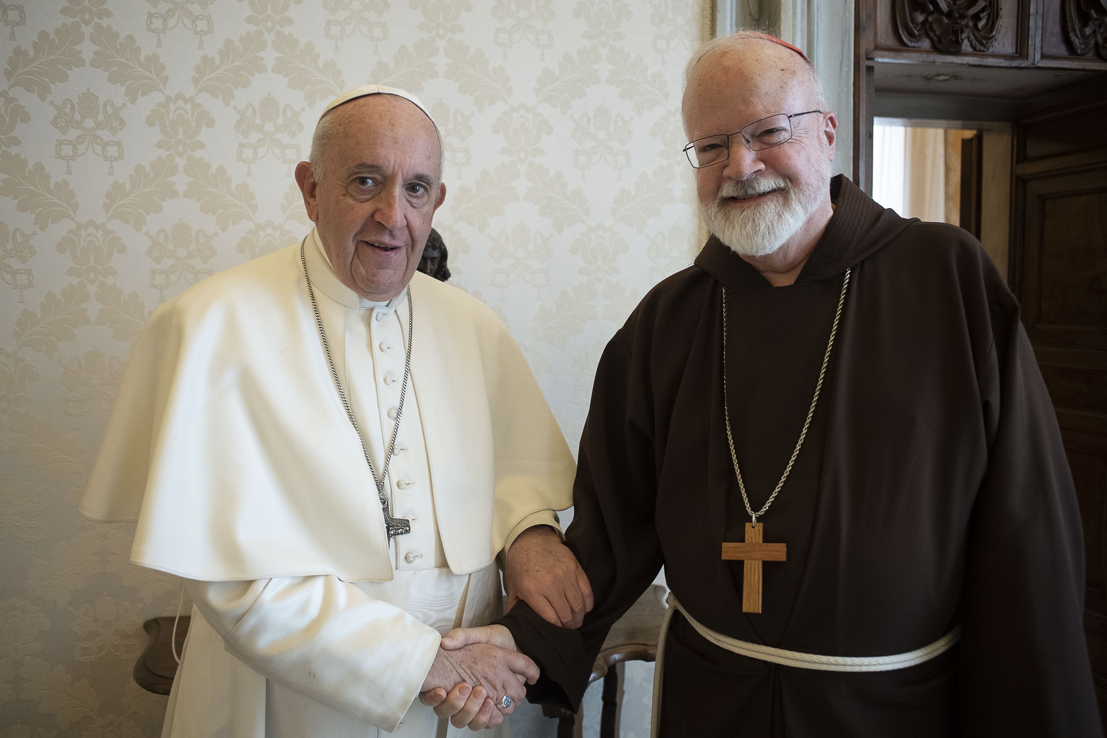 Pope Francis poses for a photo with Cardinal Sean P. O'Malley of Boston, president of the Pontifical Commission for the Protection of Minors, during a private audience at the Vatican April 4, 2019. Cardinal O'Malley was at the Vatican for meetings of the commission and also the Council of Cardinals, a group that advises Pope Francis. (CNS photo/Vatican Media) See POPE-OMALLEY-COMMISSION April 8, 2019.