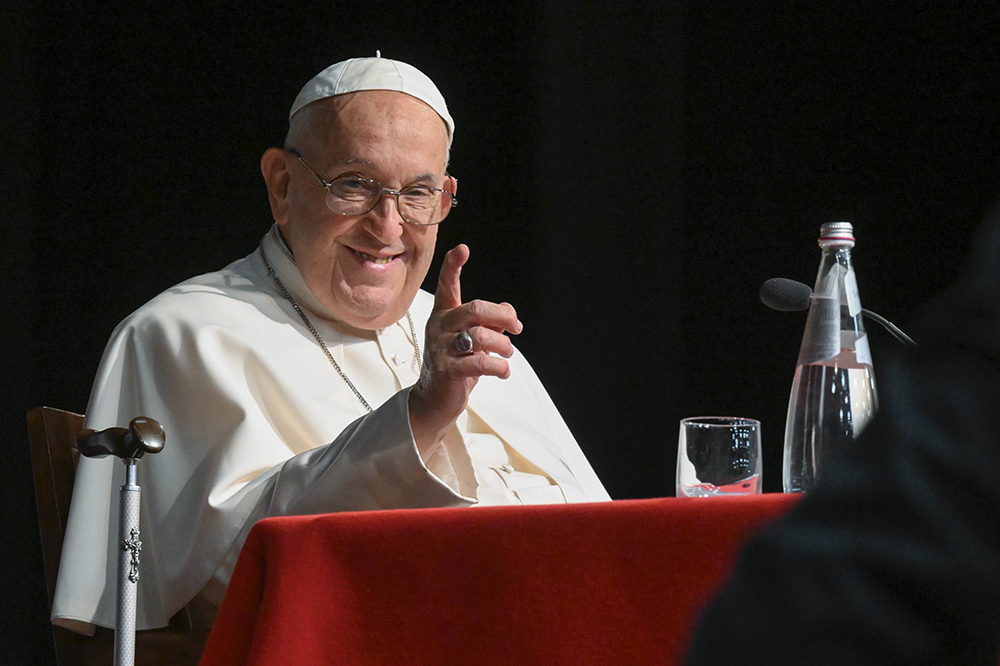 Pope Francis gestures during a meeting with priests ministering in the Diocese of Rome who were ordained 11-39 years ago at the Pontifical Salesian University in Rome June 11, 2024. (CNS/Vatican Media)
