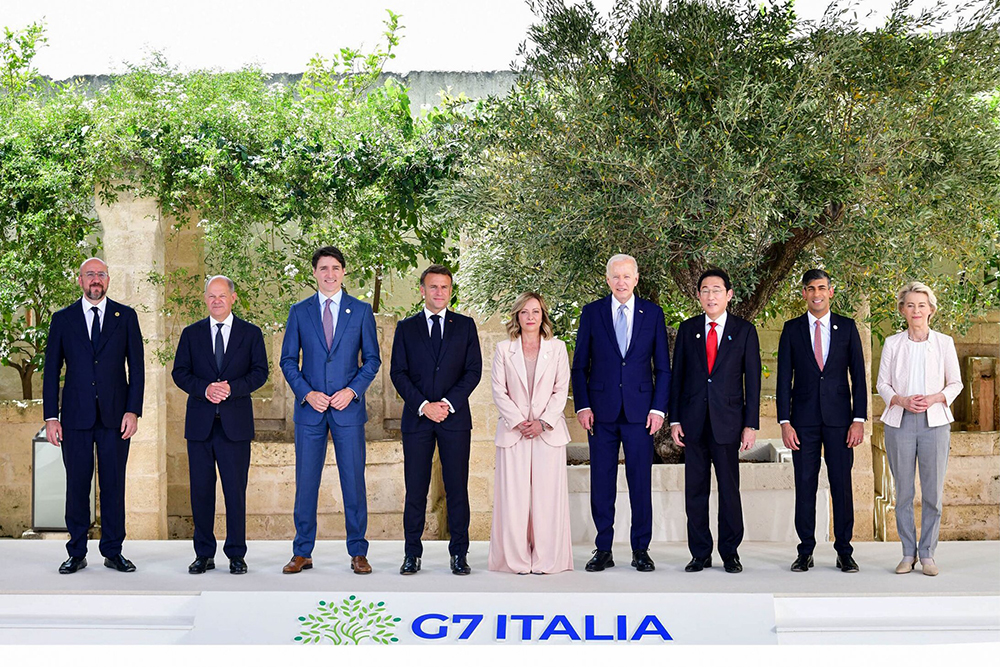 World leaders pose for a group photo at the G7 Summit in Borgo Egnazia, Italy, June 13, 2024. From left to right: European Council President Charles Michel; German Chancellor Olaf Scholz; Canadian Prime Minister Justin Trudeau; French President Emmanuel Macron; Italian Prime Minister Giorgia Meloni; U.S. President Joe Biden; Japanese Prime Minister Fumio Kishida; U.K. Prime Minister Rishi Sunak; and European Commission President Ursula von der Leyen. (CNS/Courtesy of G7 Italia 2024)