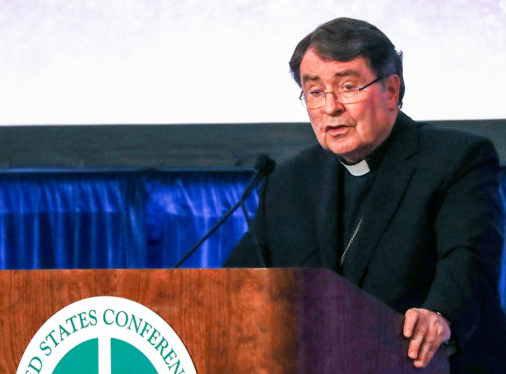 Cardinal Christophe Pierre, the Vatican nuncio to the United States, speaks June 13 at the U.S. Conference of Catholic Bishops' spring plenary assembly in Louisville, Kentucky. (OSV News/Bob Roller)